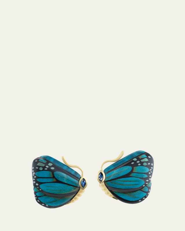 18K Yellow Gold Marquetry Butterfly Earrings with Blue Sapphires